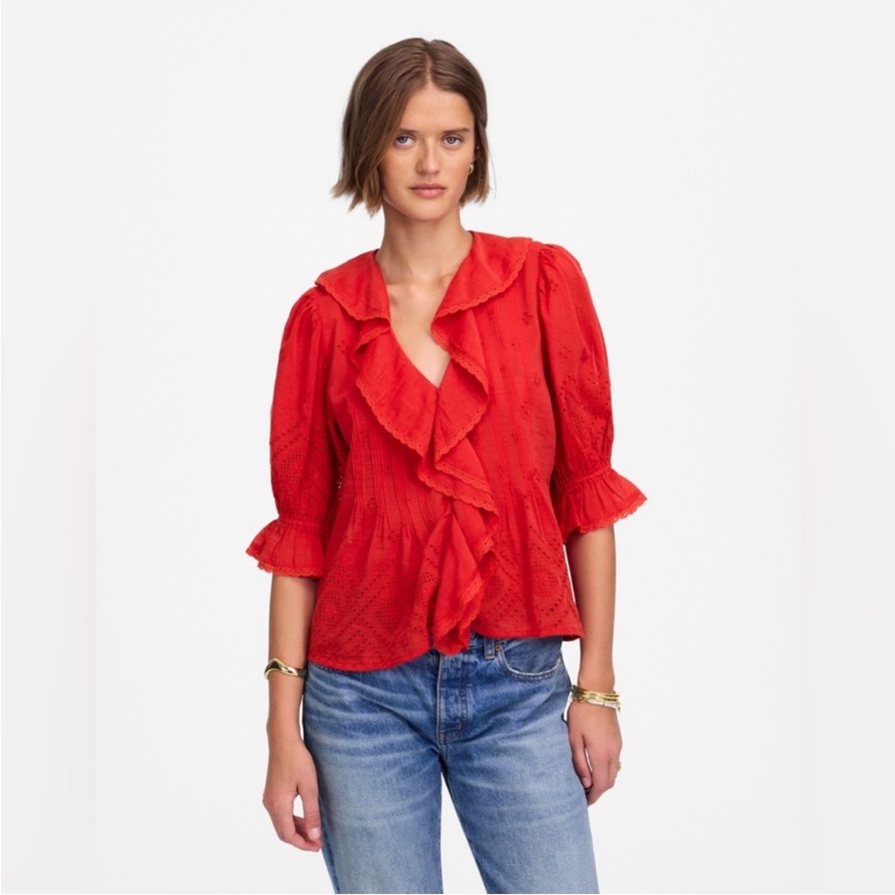 NWT! Madewell Pintuck Ruffle Eyelet Puff Sleeve Top Cherry Red Size XS